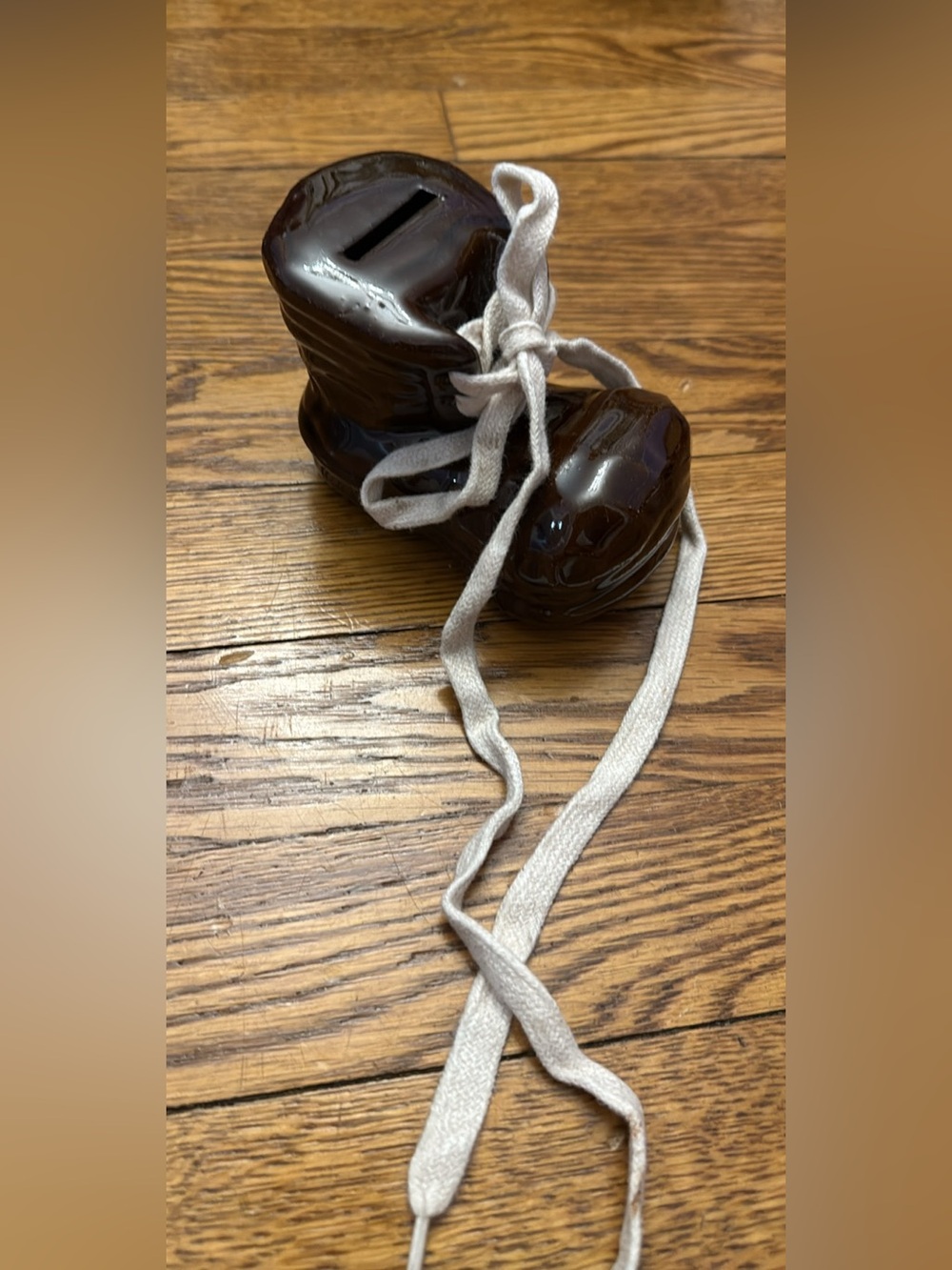 Vintage Brown Baby Boot Ceramic Piggy Bank with White Laces